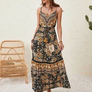 Floral Hippie Dress w. All Over Print + Ruffle Trim + Tassel Ties